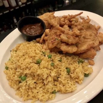 Brillobox - Sunday Veggie Dinner - Curry flavored rice with vegetable pakodas (fritters) - Bars Near Me - Pittsburgh, Pennsylvania