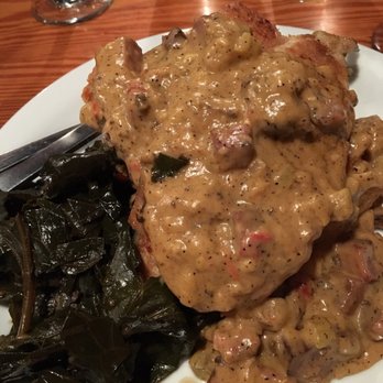 The Basics - The trout special with cornbread, collards and a Tasso ham gravy. - Southern Near Me - Wilmington, North Carolina The Basics - The trout special with cornbread, collards and a Tasso ham gravy. - Southern Near Me - Wilmington, North Carolina