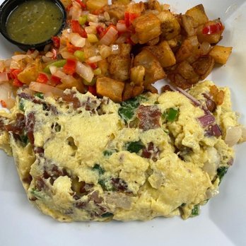 Mex Cocina Cafe - Creative omelette: spinach, bacon, onion and jalapeños with potatoes - Desserts Near Me - Burbank, California Mex Cocina Cafe - Creative omelette: spinach, bacon, onion and jalapeños with potatoes - Desserts Near Me - Burbank, California