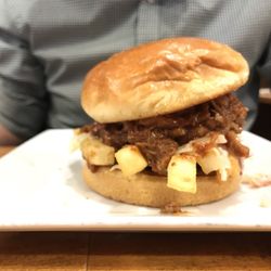 The special of the day: pulled pork sandwich over fries and coleslaw