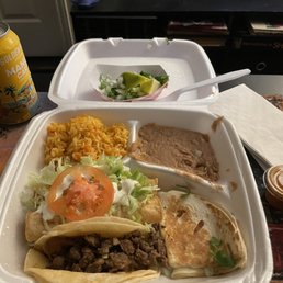 Combination Plate: 1 Carne Asada Taco, 1 Cheese Quesadilla, 2 Chicken Flautas, Rice, and Refried Beans Combination Plate: 1 Carne Asada Taco, 1 Cheese Quesadilla, 2 Chicken Flautas, Rice, and Refried Beans