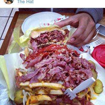 The Hat - Mounds of pastrami, pickles, cheese, onions, and chili cheese over fries!! - Sandwiches Near Me - Brea, California The Hat - Mounds of pastrami, pickles, cheese, onions, and chili cheese over fries!! - Sandwiches Near Me - Brea, California