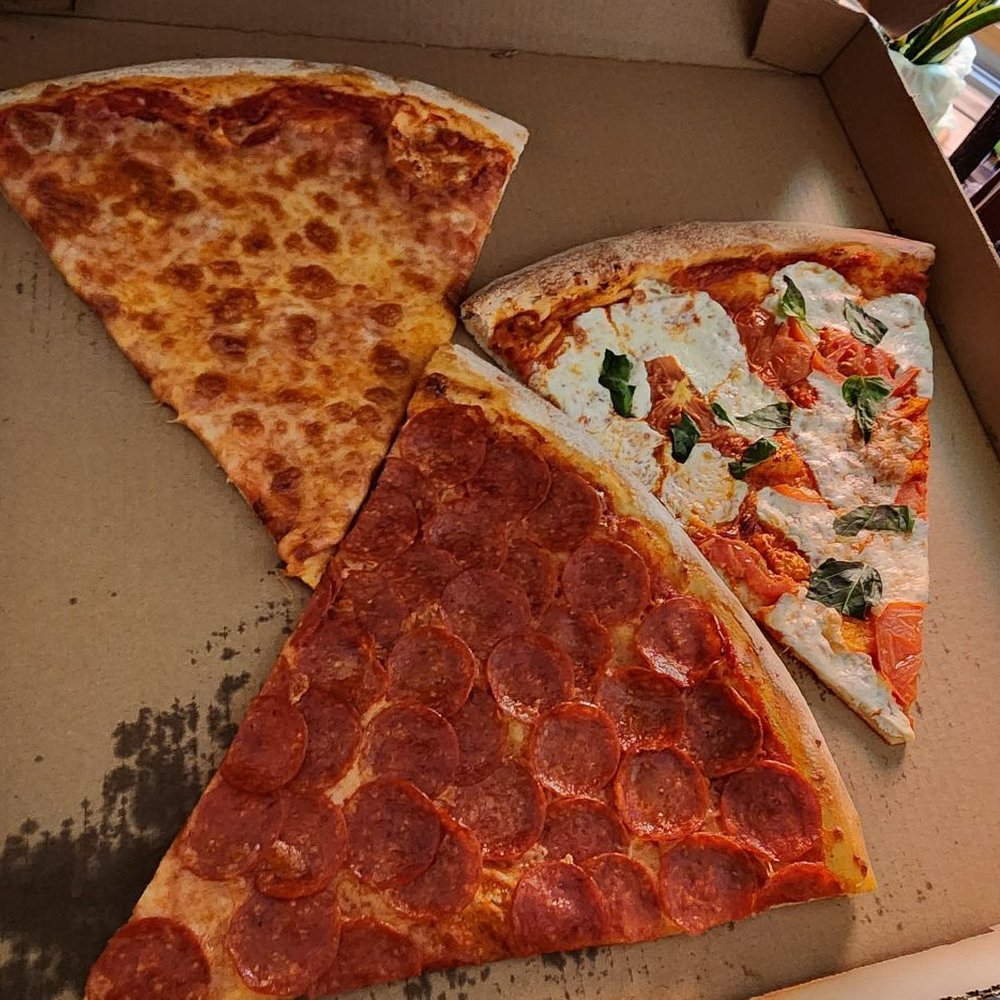 Super Slice Pizza - 3 slices from the display case: Pep, Cheese, Margherita HUGE NYC style. - Pizza Near Me - El Cerrito, California Super Slice Pizza - 3 slices from the display case: Pep, Cheese, Margherita HUGE NYC style. - Pizza Near Me - El Cerrito, California