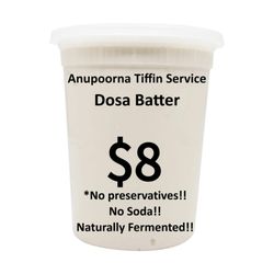 Anupoorna Tiffin Service - South Indian tiffin service Contact Anu 647-773-6622 5 days vegetarian $50 1 day, non-veg and 4 days veg $55 2 days non-veg and 3 days