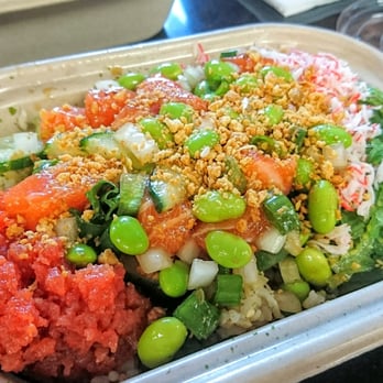 Poké Bar - Brown Rice, Salmon, Spicy Tuna, House Dressing, Seaweed Salad, Edamame, etc. 4 stars. Very tasty! Salmon is a must! Fri dinner 2016-05-13 - Seafood Near Me - Mountain View, California Poké Bar - Brown Rice, Salmon, Spicy Tuna, House Dressing, Seaweed Salad, Edamame, etc. 4 stars. Very tasty! Salmon is a must! Fri dinner 2016-05-13 - Seafood Near Me - Mountain View, California