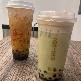 Tan-Cha - Brown Sugar Milk Tea with Boba and Uji Green Milk Tea with Tiramisu Foam - Bubble Tea Near Me - Orlando, Florida