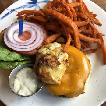 Bowleys On The Bay - Hamburger with crab cake and sweet potato fries - New American Near Me - Middle River, Maryland Bowleys On The Bay - Hamburger with crab cake and sweet potato fries - New American Near Me - Middle River, Maryland