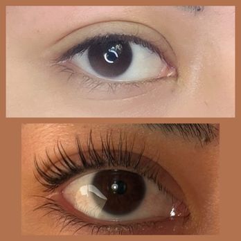 Jasmi Beauty & Threading - Top image: my naturally thick downward pointing lashes  Bottom image: after my lash perm lift - Eyelash Service Near Me - Berkeley, California