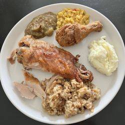Stuffed turkey wing, fried chicken, seafood okra, maque choux, potato salad, rice and gravy