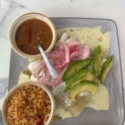 Shimmy-chango with rice & bean soup .. chimichangas covered in queso, pickled onions & avocados
