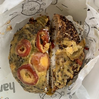 Hank's Bagels - EJC bagel with cream cheese (everything jalapeño cheddar) - Coffee & Tea Near Me - Burbank, California