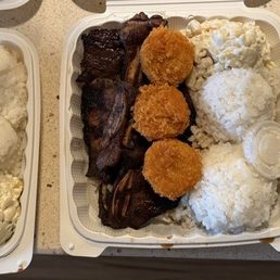 Hibachi Chicken, Kalbi with Scallops Combo and Giant Fries