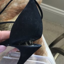 B4 the repair. The shoe was defective, this was the first night I wore it after buying the shoes. Jimmy secured the heel right B4 the repair. The shoe was defective, this was the first night I wore it after buying the shoes. Jimmy secured the heel right