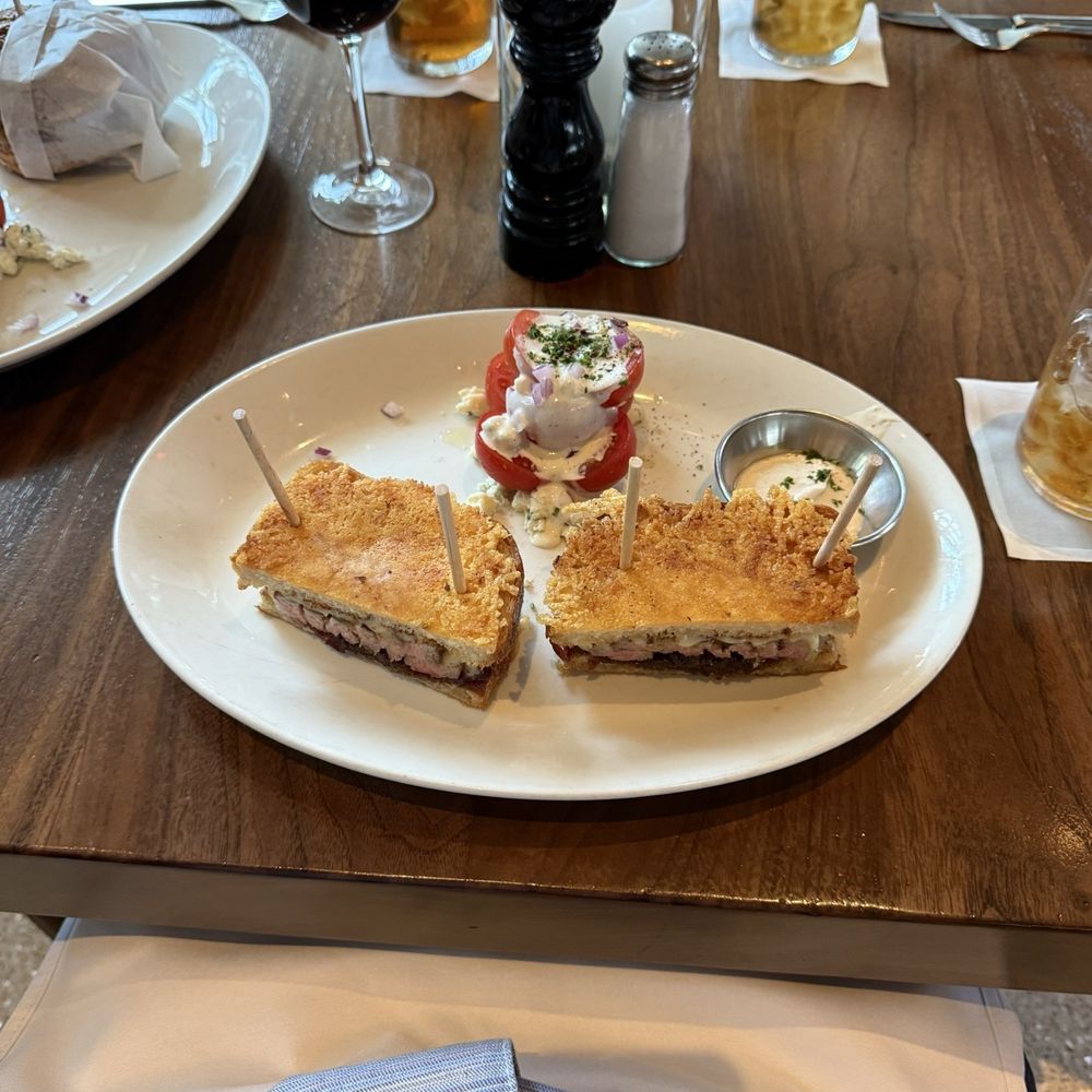 Nick's Del Mar - Original Ribeye Melt : sliced ribeye, Swiss cheese, red wine onions, mustard bacon sauce, grilled Parmesan sourdough - New American Near Me - Del Mar, California