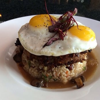 Stage Restaurant - Kalua pork hash loco moco with fried rice $19 - New American Near Me - Honolulu, Hawaii