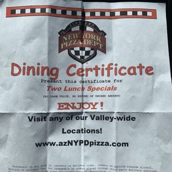 NYPD Pizza - Dining certificate for 2 lunch specials mailed to me. - Pizza Near Me - Gilbert, Arizona