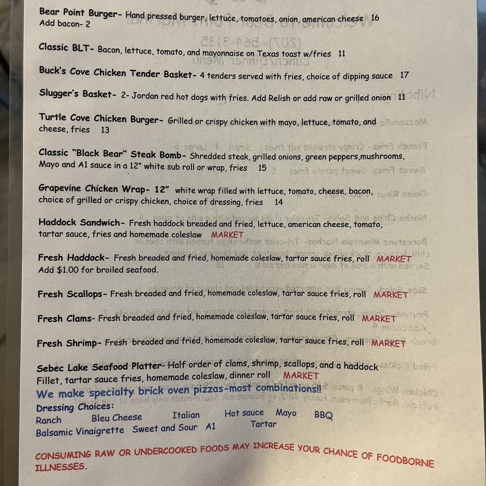 Bear Point Marina - Menu as of July 2023 - Campgrounds Near Me - Bowerbank, Maine