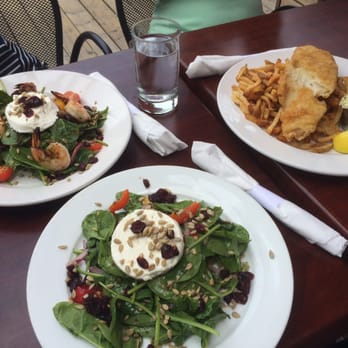 Shore Grill and Grotto - Two spinach salads, one with shrimp, and fish & chips. - Canadian (New) Near Me - Mississauga, Ontario Shore Grill and Grotto - Two spinach salads, one with shrimp, and fish & chips. - Canadian (New) Near Me - Mississauga, Ontario