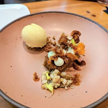 Miller Union - spiced carrot cake, pear compote, lemon cream cheese, buttermilk ice cream - Southern Near Me - Atlanta, Georgia Miller Union - spiced carrot cake, pear compote, lemon cream cheese, buttermilk ice cream - Southern Near Me - Atlanta, Georgia