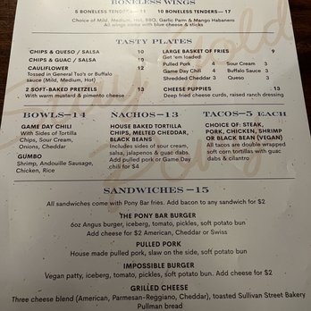 The Pony Bar - Food menu - Bars Near Me - New York, New York The Pony Bar - Food menu - Bars Near Me - New York, New York