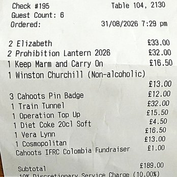 Cahoots Bar - Our receipt - Bars Near Me - Soho, XGL