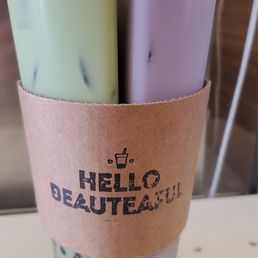 Taro milk tea with lychee and matcha milk tea with mini boba