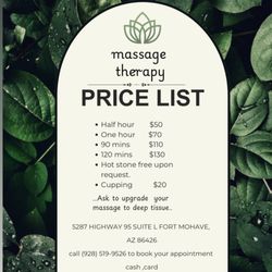 BeautyInk & BodyBliss - Massage price list