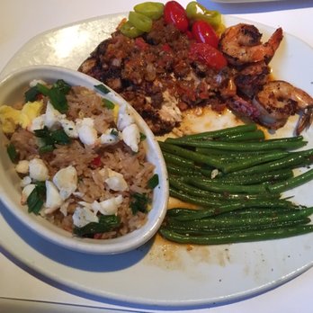 Bonefish Grill - Wood-grilled Snapper with shrimp. Topped with a chorizo "mojo" sauce. Substituted crab fried rice for jasmine rice. - Seafood Near Me - Mobile, Alabama Bonefish Grill - Wood-grilled Snapper with shrimp. Topped with a chorizo "mojo" sauce. Substituted crab fried rice for jasmine rice. - Seafood Near Me - Mobile, Alabama