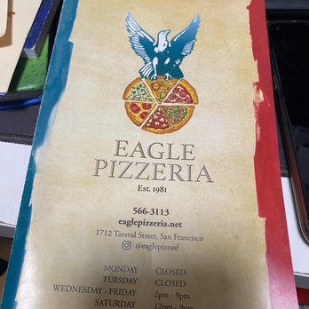 Eagle Pizzeria - Menu as of June 11, 2023 - Pizza Near Me - San Francisco, California