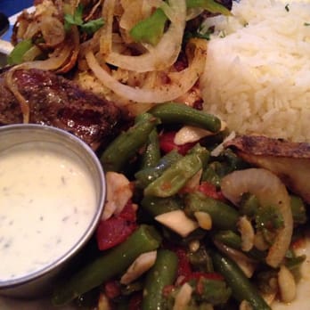 Cafe Medi - "Mixed Grill" - Beef, Chicken and Kafta served with basmati rice, green beans along with dipping sauces - Mediterranean Near Me - Keller, Texas