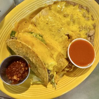 Duran Central Pharmacy - Duran's Combination Plate with one each of pork tamale, cheese quesadilla, and beef taco. Includes beans - Mexican Near Me - Albuquerque, New Mexico