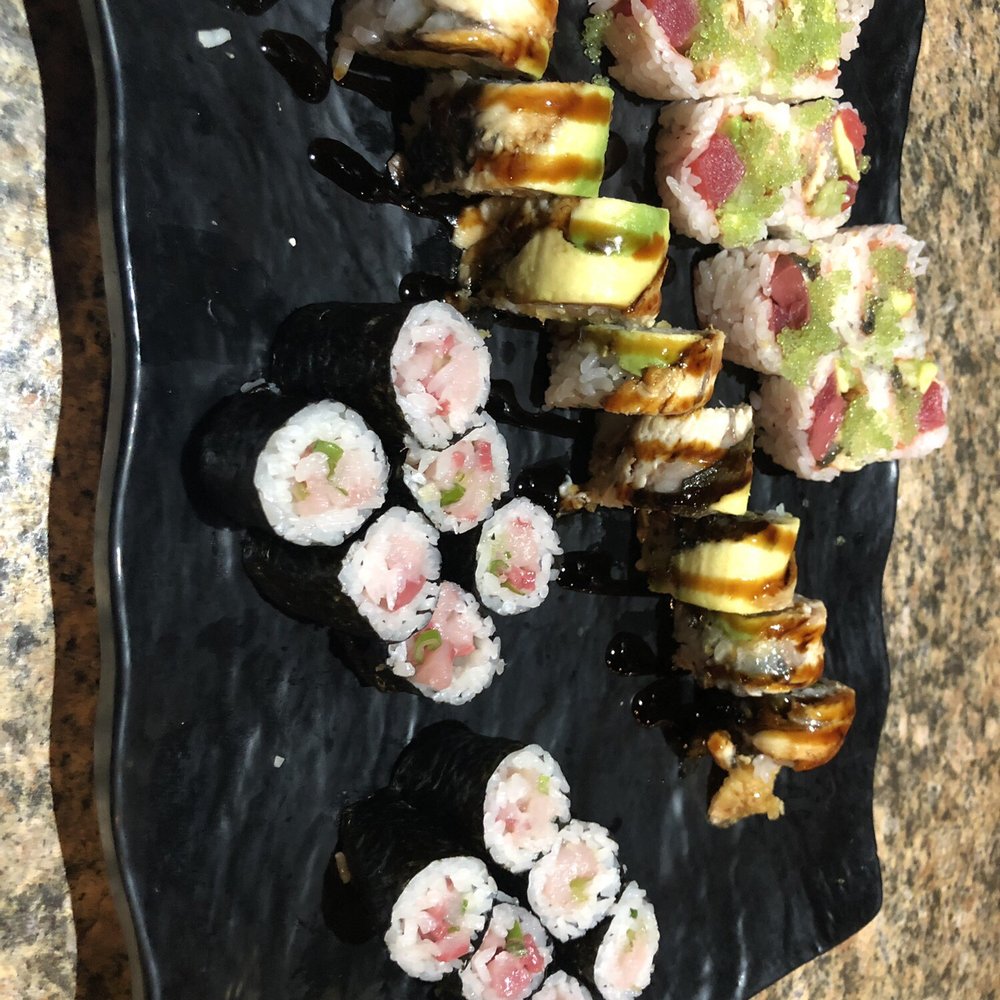 Toro Sushi - Geisha roll, dragon, and two yellowtail thin rolls - Japanese Near Me - Spokane Valley, Washington Toro Sushi - Geisha roll, dragon, and two yellowtail thin rolls - Japanese Near Me - Spokane Valley, Washington