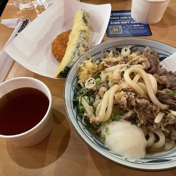 Marugame Udon - Nikutama Udon (very good), Zucchini tempura (very good), potato croquet (just ok - needs more flavor) - Japanese Near Me - Costa Mesa, California