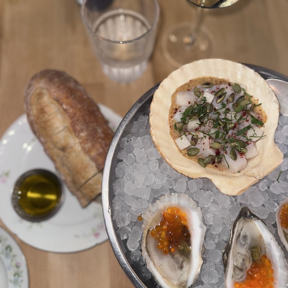Perla Oyster Bar - Scallop crudo, yuzo kosho oysters (a bit salty) and their bread and EVOO - Seafood Near Me - Maplewood, New Jersey Perla Oyster Bar - Scallop crudo, yuzo kosho oysters (a bit salty) and their bread and EVOO - Seafood Near Me - Maplewood, New Jersey