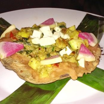 Taco Rosa - Mini Tlayuda (tostada, pinto beans, mole pipian, purslane, watermelon radish, heirloom tomato, panela cheese) -- I tasted only beans, ugh - Mexican Near Me - Irvine, California Taco Rosa - Mini Tlayuda (tostada, pinto beans, mole pipian, purslane, watermelon radish, heirloom tomato, panela cheese) -- I tasted only beans, ugh - Mexican Near Me - Irvine, California