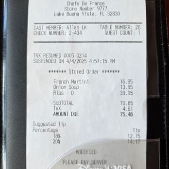 Chefs de France - 2025-4-4 Receipt - French Near Me - Lake Buena Vista, Florida