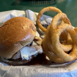 Mc Nasty's J W Saloon - McNasty burger with cheddar and bacon with onions. They went to white cheddar I guess so thats why its not the typical orange color lol