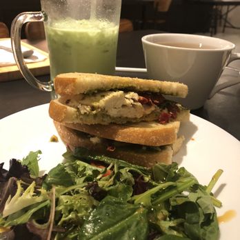 KrungThep Tea Time - Pesto Chicken Sandwich Matcha Milk Tea White Coconut Creme Tea - Tea Rooms Near Me - Winter Park, Florida