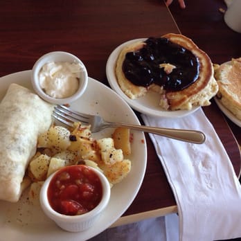 Anne's Kitchen - Southern Style - A sampling of our order - Breakfast Burrito with Fried Potatoes and the top pancake from our stack of Blueberry Pancakes - Southern Near Me - Powell, Ohio
