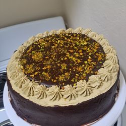 Chocolate Cake with Pistachio Buttercream and Chocolate Ganache.