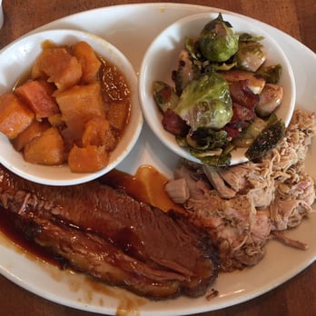 The Pit - Brisket and chopped pork with candied yams and Brussels sprouts - Barbeque Near Me - Raleigh, North Carolina The Pit - Brisket and chopped pork with candied yams and Brussels sprouts - Barbeque Near Me - Raleigh, North Carolina