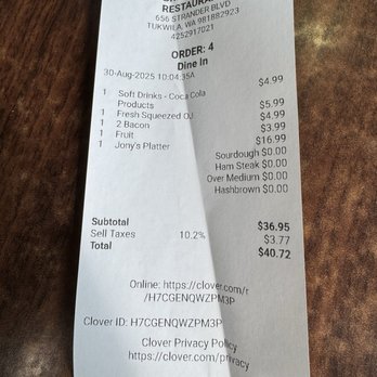 Jony's Breakfast & Lunch Restaurant - Our receipt - Breakfast & Brunch Near Me - Tukwila, Washington