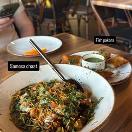 Samosa Chaat and Fish Pakora Samosa Chaat and Fish Pakora