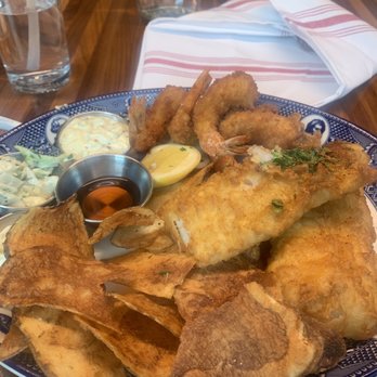 MoCo's Founding Farmers - Fish and chips with an order of shrimp, no beer - New American Near Me - Potomac, Maryland MoCo's Founding Farmers - Fish and chips with an order of shrimp, no beer - New American Near Me - Potomac, Maryland