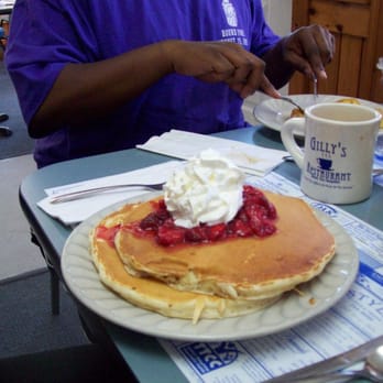 Gilly's Restaurant - a plate of pancakes with whipped cream on top - Breakfast & Brunch Near Me - Bristol, New Hampshire