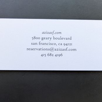 Aziza - Business Card - Moroccan Near Me - San Francisco, California Aziza - Business Card - Moroccan Near Me - San Francisco, California