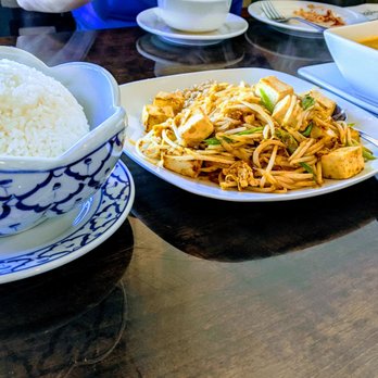 Eggplants Thai Cuisine - Rice for the Panang curry and crying tiger. Pad Thai with soft Tofu in the center. - Thai Near Me - Temecula, California