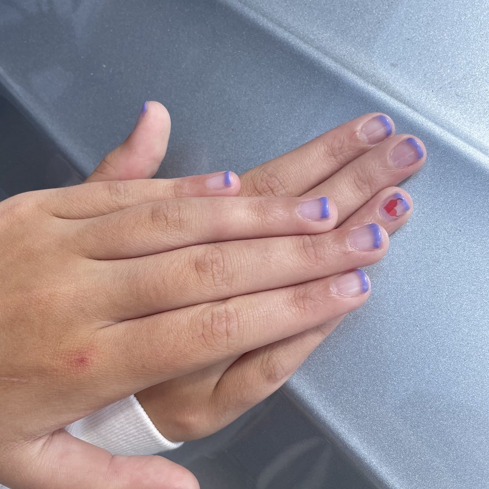 Avenue Nails - regular shellac manicure, purple french w heart nail stickers - Nail Salons Near Me - West Linn, Oregon Avenue Nails - regular shellac manicure, purple french w heart nail stickers - Nail Salons Near Me - West Linn, Oregon