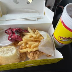 Chicken Express - Tenders snack pack, fries, roll, and a Coke.