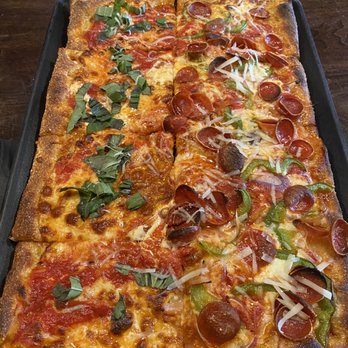 Good Pie - Grandma pizza 1/2 cheese 1/2 pepperoni, onion and bell peppers. - Pizza Near Me - Las Vegas, Nevada Good Pie - Grandma pizza 1/2 cheese 1/2 pepperoni, onion and bell peppers. - Pizza Near Me - Las Vegas, Nevada